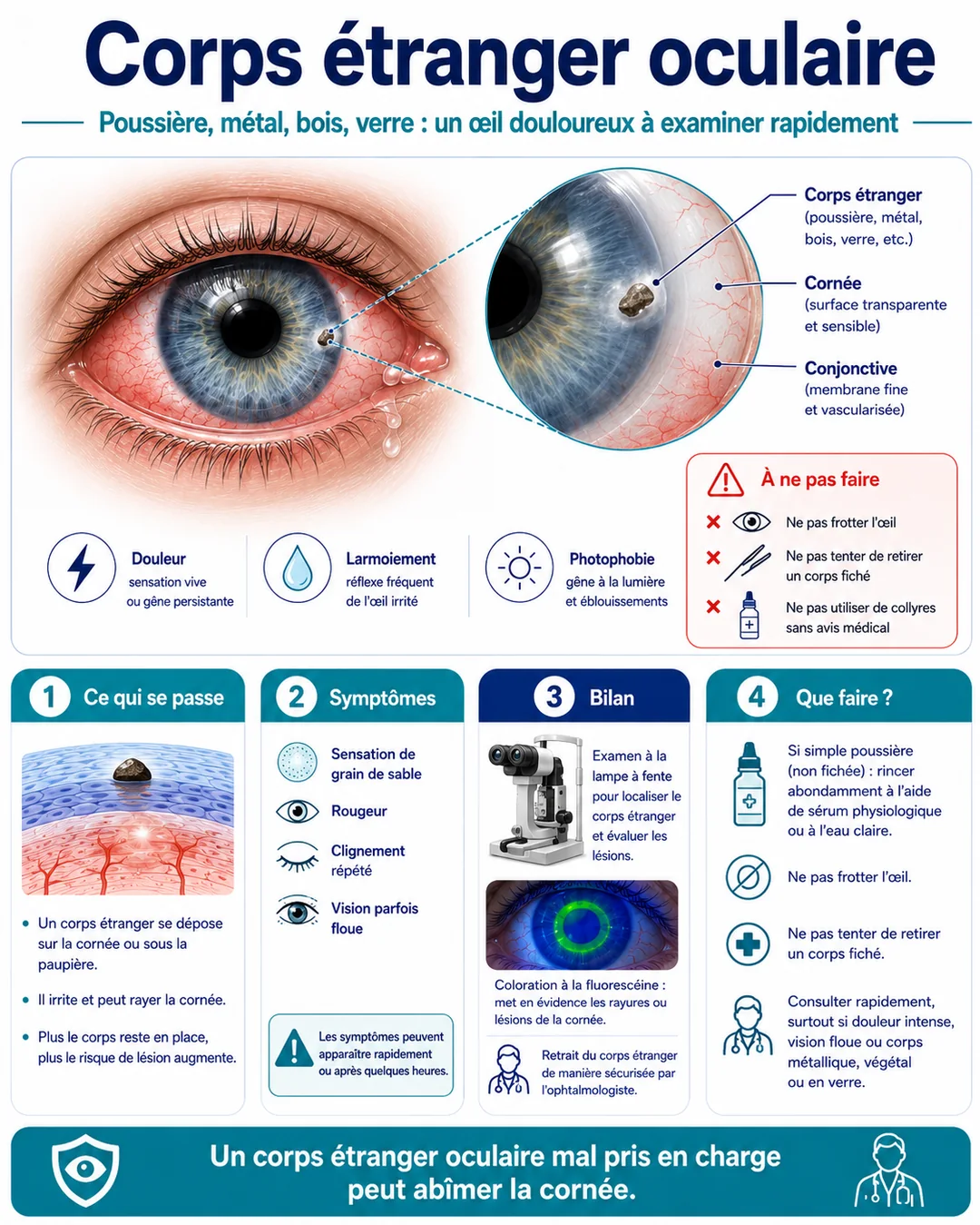 Infographie : corps étranger oculaire — symptômes, ce qu'il ne faut pas faire, prise en charge.