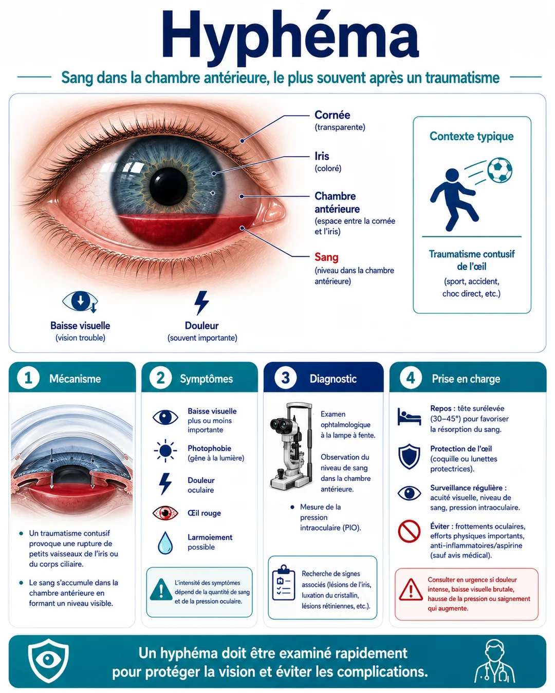 Infographie : hyphéma — sang dans la chambre antérieure, mécanisme, symptômes et prise en charge.